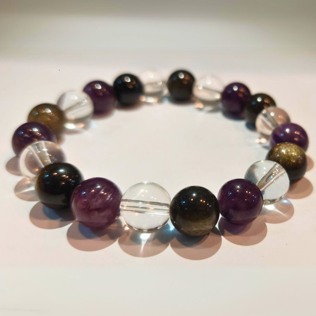 Pulsera de piedra auténtica de Amatista, Obsidiana dorada y cuarzo cristal